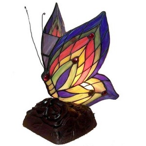 5" x 5" x 10" Tiffany Style Butterfly Accent Lamp Yellow/Blue/Red - Warehouse of Tiffany: Stained Glass Decorative Table Lamp, ETL Listed - 1 of 3