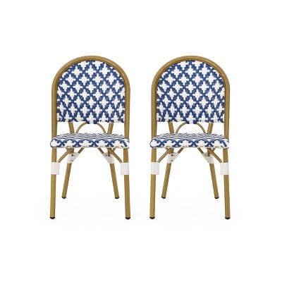 Louna 2pk Outdoor French Bistro Chairs with Bamboo Finish - Blue/White - Christopher Knight Home