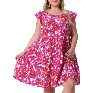 Agnes Orinda Women's Plus Size Boho Flutter Sleeves Round Neck Floral Ruffle Midi A Line Babydoll Dress - 1 of 4