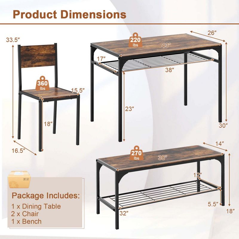 Costway Dining Table Set for 4 Rectangular Table with 2 Chairs, 1 Bench, Storage Racks Rustic Brown/Grey, 3 of 11