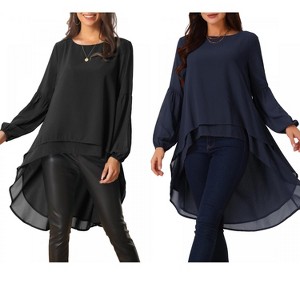 INSPIRE CHIC Women's Lantern Long Sleeve Round Neck High Low Irregular Hem Casual Blouse 2 Packs - 1 of 4