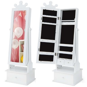 Costway Kid Freestanding Jewelry Armoire 2-in-1 Full Length Mirror Storage Drawer Pink/White - 1 of 4