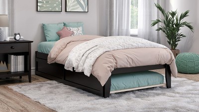 Espresso Queen Platform Bed with Upholstered Trundle and USB Charger