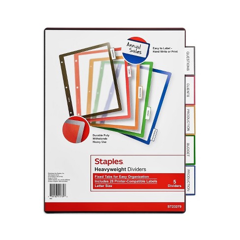 Staples Better Print & Apply Label Plastic Dividers 5-tab Assorted