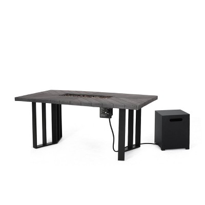 Christopher Knight Home Jett Outdoor 40000 BTU Fire Pit Dining Table with Tank Holder Textured Oak: Propane Fuel, Rust-Resistant