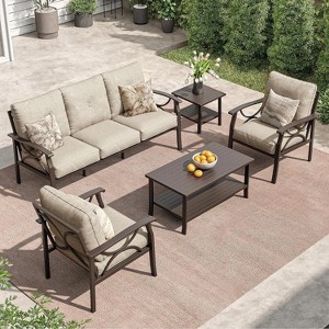 Heynemo Outdoor Patio Furniture Set, 4 Piece Patio Conversation Set with Coffee Table, Metal Furniture Set for Porch Backyard Garden, Grey - 1 of 4