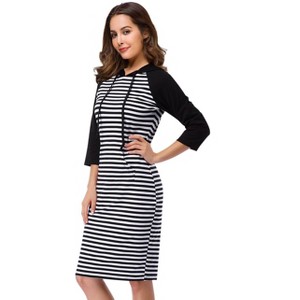 Women's 3/4 Sleeve Hoodie Dress Casual Stripe Pocket Knee Length Slim Pullover Dress - 1 of 4