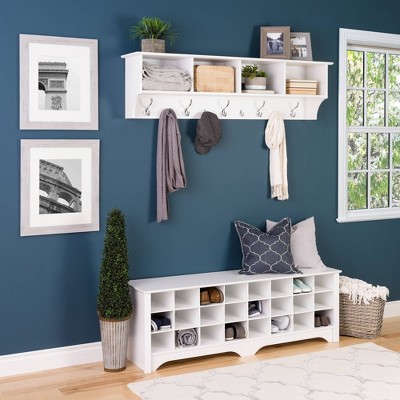 Expansive White Laminated Entryway Hanging Shelf with Hooks