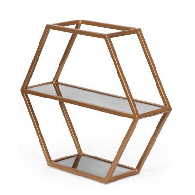 17" Lepley Modern Glam Handcrafted Glass 2 Shelf Hexagonal Decorative Shelf Antique Gold - Christopher Knight Home