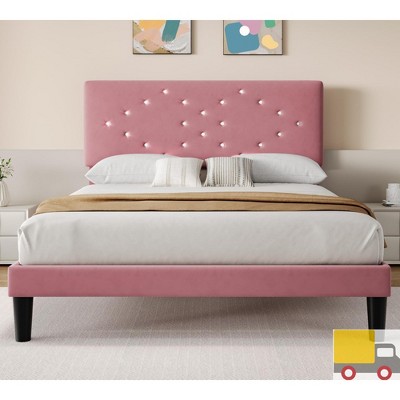 Jojoka Velvet Upholstered Platform Bed Frame with Tufted Headboard, Wooden Slats Support, Under Bed Storage, No Box Spring Needed