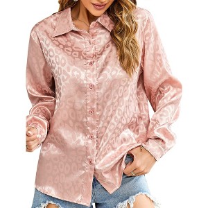 Leopard Stain Button Down Shirts for Women Roll Up Long Sleeve V Neck Casual Work Shirts - 1 of 4