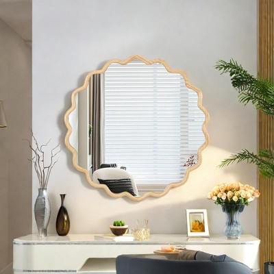 Vynxaria 42" Solid Wood Wavy Natural Vanity Mirror - Modern Wall Decor for Bathroom, Bedroom, Living Room, Dining Room & Entryway