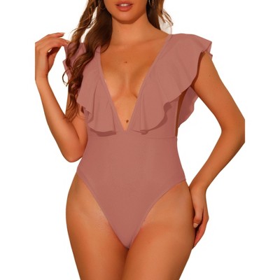 Elerevyo Women's V Neck Ruffled Monokini High Cut Tummy Control Swimwear Bathing Suit One Piece