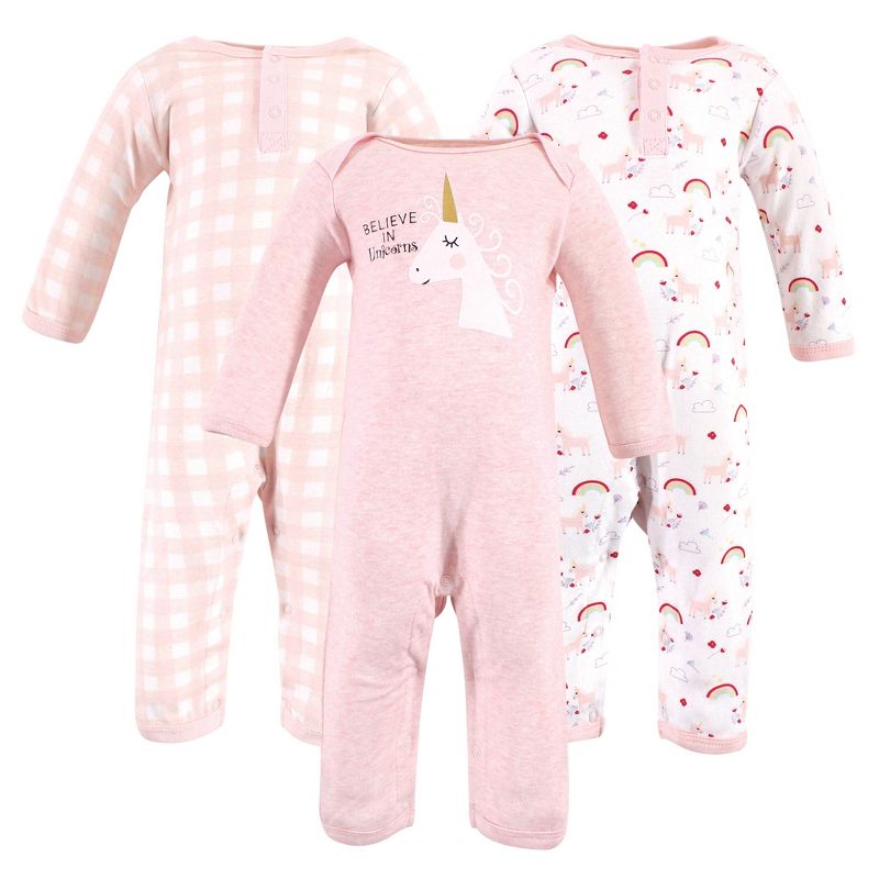Luvable Friends Baby Girl Cotton Coveralls 3pk, Unicorn, 1 of 6