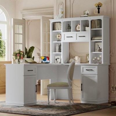 L-Shaped Computer Desk with Hutch, Power Outlet, Cabinets, Drawers and Open Shelves, MDF Home Office Desk for Study, Workstation - Cuddlewood
