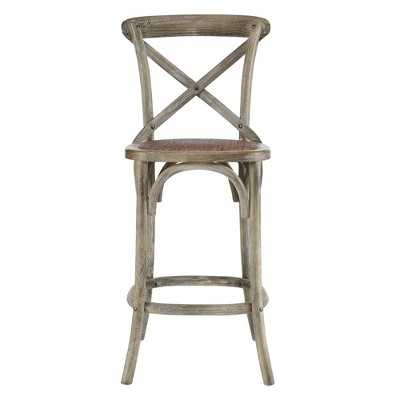 Farmhouse Charm Gray Elm Wood Counter Stool with Woven Rattan Seat