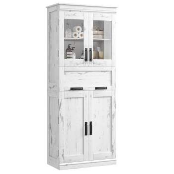 Tall Bathroom Cabinet, Kitchen Pantry Cabinet with Glass Doors and Shelf, Freestanding Storage Cabinet for Living Room, Antique White