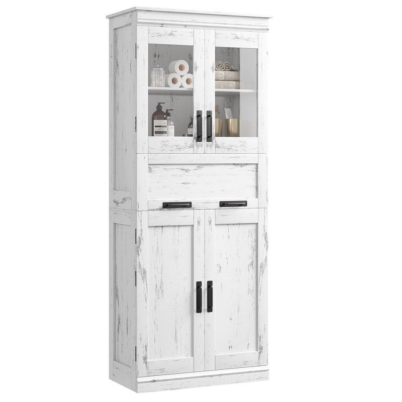 Tall Bathroom Cabinet, Kitchen Pantry Cabinet with Glass Doors and Shelf, Freestanding Storage Cabinet for Living Room, Antique White, 1 of 13