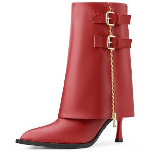 BLISSFUL STEP Women's Pointed Toe Mid Calf Fold Over Buckle Stiletto Heel Boots - 1 of 4