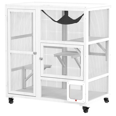 Munora 39" Indoor Cat Enclosure on Wheels with Openable Top, Multi-Level Cat House, White