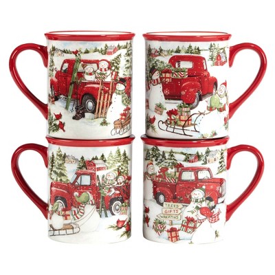 Set of 4 Red Truck Snowman 16oz Drinkware Mugs - Certified International