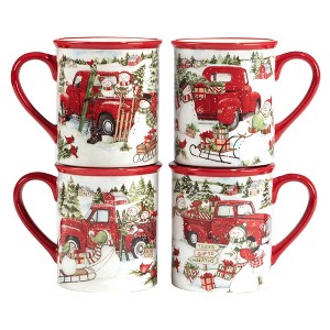 Set of 4 Red Truck Snowman 16oz Drinkware Mugs - Certified International - 1 of 4