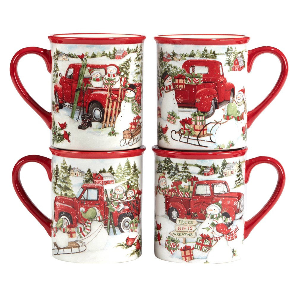 Photos - Glass Certified International Set of 4 Red Truck Snowman 16oz Drinkware Mugs  