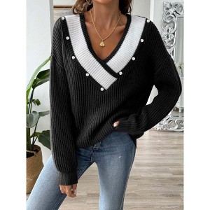 Women's Chunky Sweater Fall Winter Long Sleeve Knit Sweater Shirt V Neck Contrast Color Loose Oversized Pullover Top Blouse with Pearls - 1 of 3
