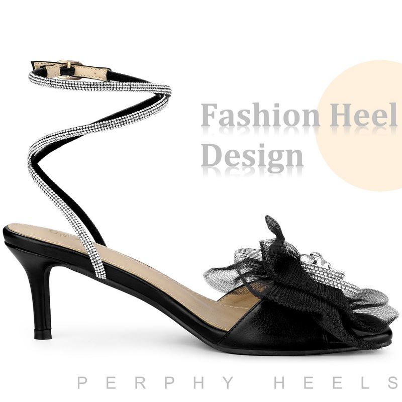 Perphy Women's Mesh Bow Lace Up Rhinestones Strap Kitten Heel Sandals, 4 of 5