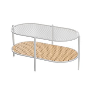 37" Oval Coffee Table - 2 Tier Rattan End Table with Storage Shelves, Modern Circular End Table with Water-Wave Glass Top and Metal Frame - 1 of 4
