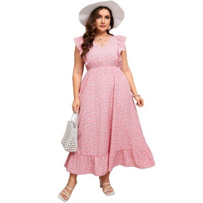 Whizmax Women's Plus Size Summer Dress with Pocket Ruffle Cap Sleeveless V Neck Side Split Long Beach Maxi Dress Pink Flowers 3XL