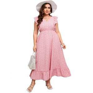 Whizmax Women's Plus Size Summer Dress with Pocket Ruffle Cap Sleeveless V Neck Side Split Long Beach Maxi Dress Pink Flowers 3XL - 1 of 4