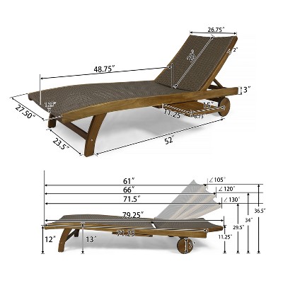 Teak and Brown Wicker Chaise Lounger with Pull-Out Tray, Set of 4