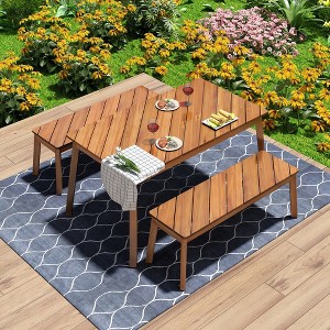 Whisen Outdoor Wood Dining Set with 2 Benches, Acacia Wood Picnic Beer Table for Patio, Porch, Garden - Natural - 1 of 4