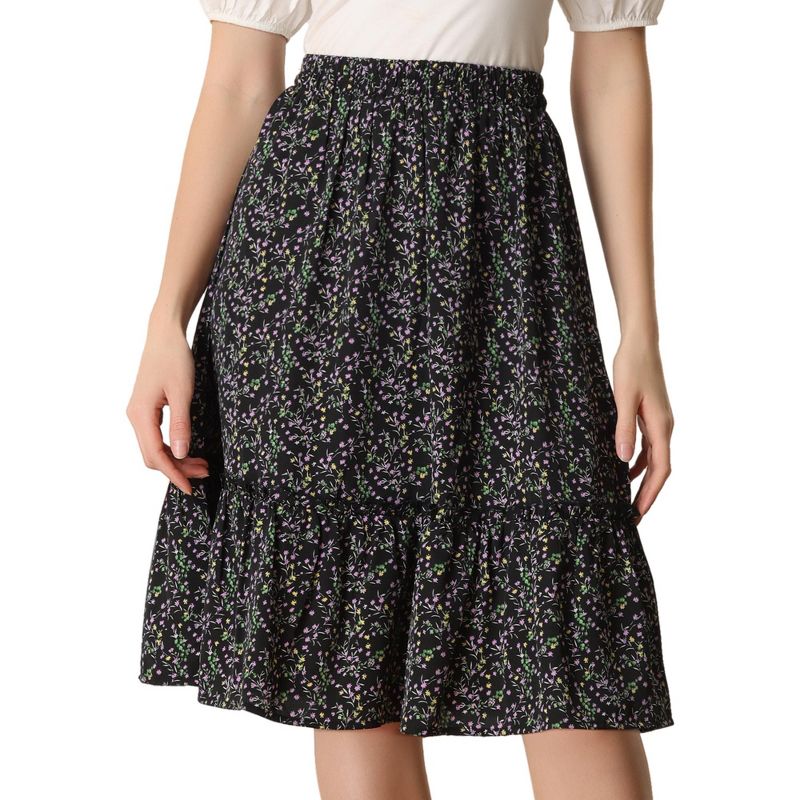 Allegra K Women's Ruffle Hem Elastic Waist Flowy A-Line Swing Floral Midi Skirt, 1 of 6