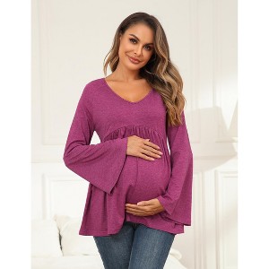 Maternity Shirts Pleated Tunic Flouncy Bell Long Sleeve Babydoll V Neck Hollow Out Tie Back Pregnancy Tops Tee - 1 of 4