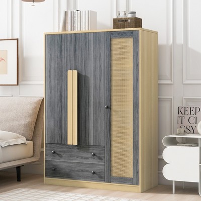 47"W Rattan Wardrobe Clothing Armoire Storage Cabinet  with 2 Drawers, Shelves and Hanging Rail-ModernLuxe