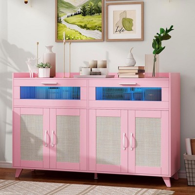 Whizmax Sideboard Buffet Cabinet With Power Outlet & LED Light, Kitchen Storage Cabinet With 2 Fluted Drawers & 4 Rattan Doors,for Kitchen,Dining Room