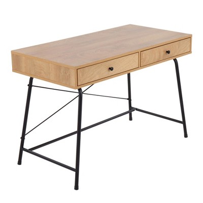 Vynxaria Industrial Desk - Black Steel Frame, Brown Wood Top, Pull-Out Storage Drawer, Versatile Design