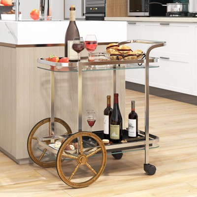 Modern Stainless Steel and Glass 2-Tier Bar Cart with Gold Wheels
