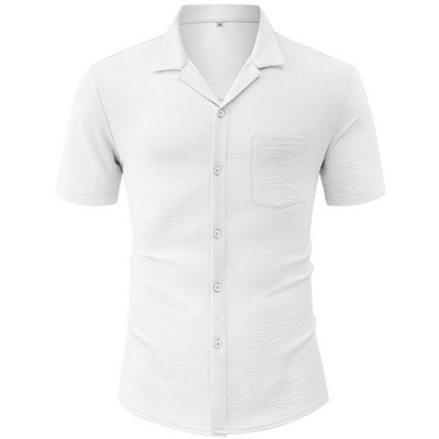 Men's Casual Cuban Shirts Silk Like Short Sleeve Button Down Shirt