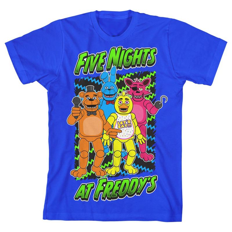 Five Nights at Freddy's Freddy Chicha And Foxy Boy's Royal Blue T-shirt, 1 of 4