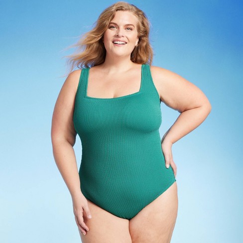 KONA SOL Ribbed Square Neck Classic One Piece Teal Swimsuit NEW