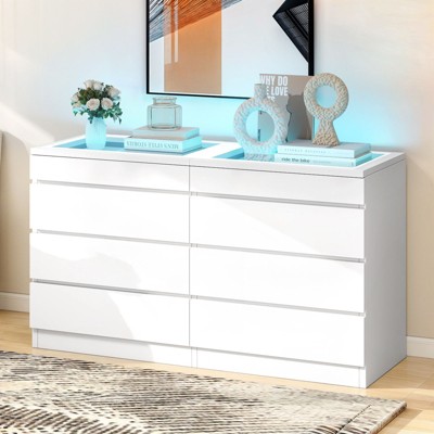 Modern 8 Drawer Dresser White Black Dresser with Deep Drawers Glass Top High Gloss Surface Storage Organizer Cabinet for Living Room