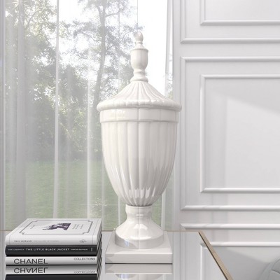 26" White Ceramic Tall Fluted Urn Vase with Lid