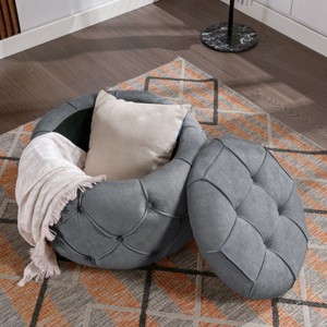 27.5" Burlap Large Round Tufted Storage Ottoman Button Storage Ottoman For Living Room Bedroom-Cuddlewood - 1 of 4