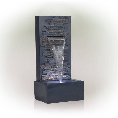 Gray Polystone and Fiberglass Cascading Wall Fountain with LED Lights