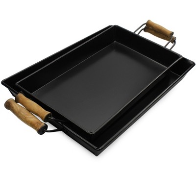 Black Enamel Rectangular Trays with Wood Handles, Set of 2