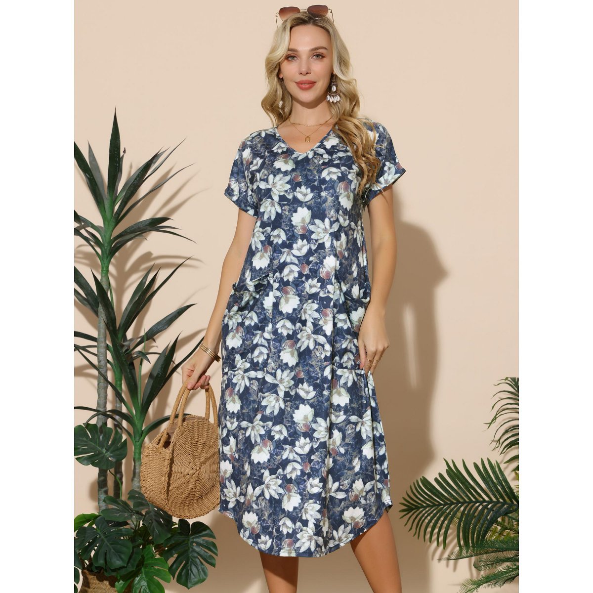 Женские платья INSPIRE CHIC Women's Floral V Neck Rolled Short Sleeve with Pockets Casual Midi Dress Dark Blue Small — фото 3