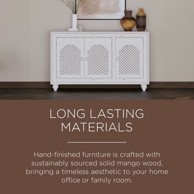 Patrin Distressed White Wooden Sideboard with Carved Doors